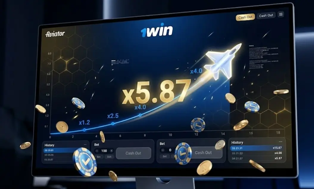 1win Aviator խաղի ընթացքը՝ ինքնաթիռի թռիչք և շահումի բազմապատկչի աճ։
