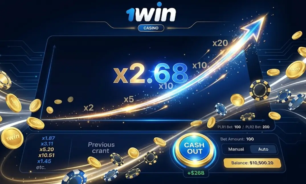 1win Crash խաղի դինամիկ գրաֆիկը՝ աճող գործակիցներով և շահումը ֆիքսելու պահով: