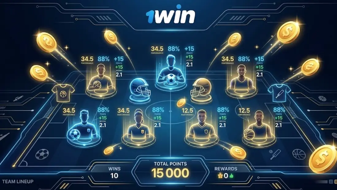 1win Fantasy Sport-ի ինտերֆեյսը՝ սեփական վիրտուալ թիմի ստեղծում իրական մարզիկներից և միավորների հաշվարկն ըստ իրական խաղերի արդյունքների։