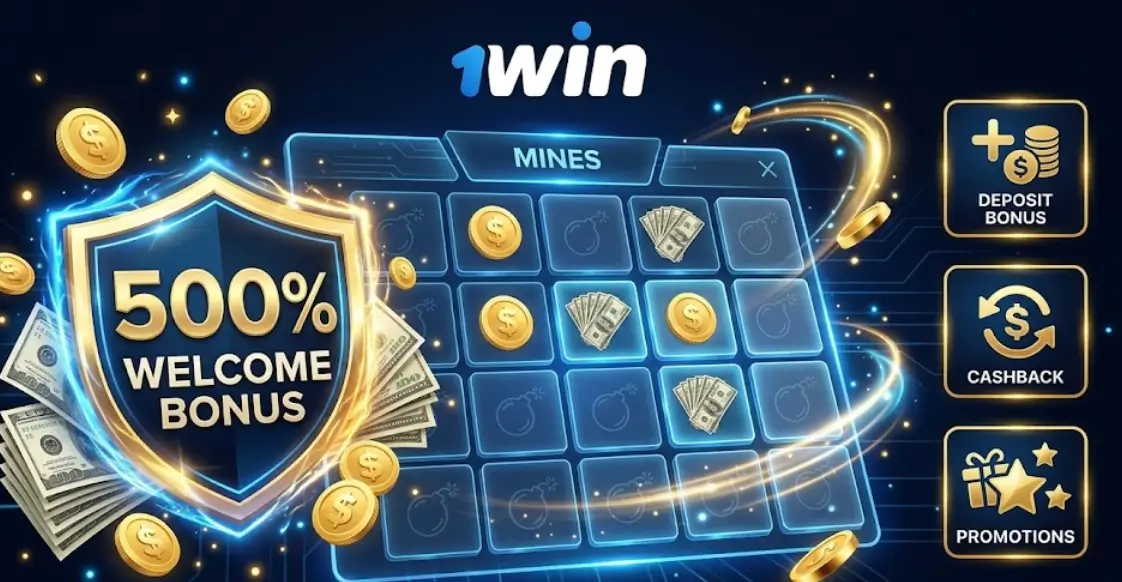 1win բոնուսային առաջարկների տեսողական պատկերում Mines խաղի համար՝ ողջույնի փաթեթ և քեշբեք։