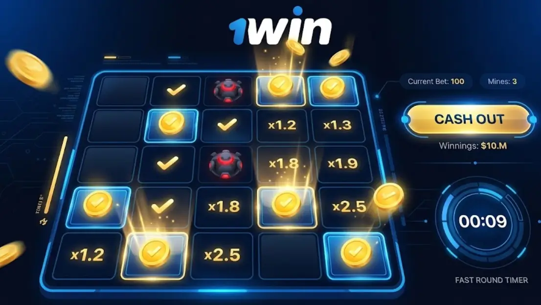 1win Mines խաղի ինտերֆեյսը՝ բջիջներով դաշտ, թաքնված աստղեր և ականներից խուսափելու գործընթացը։