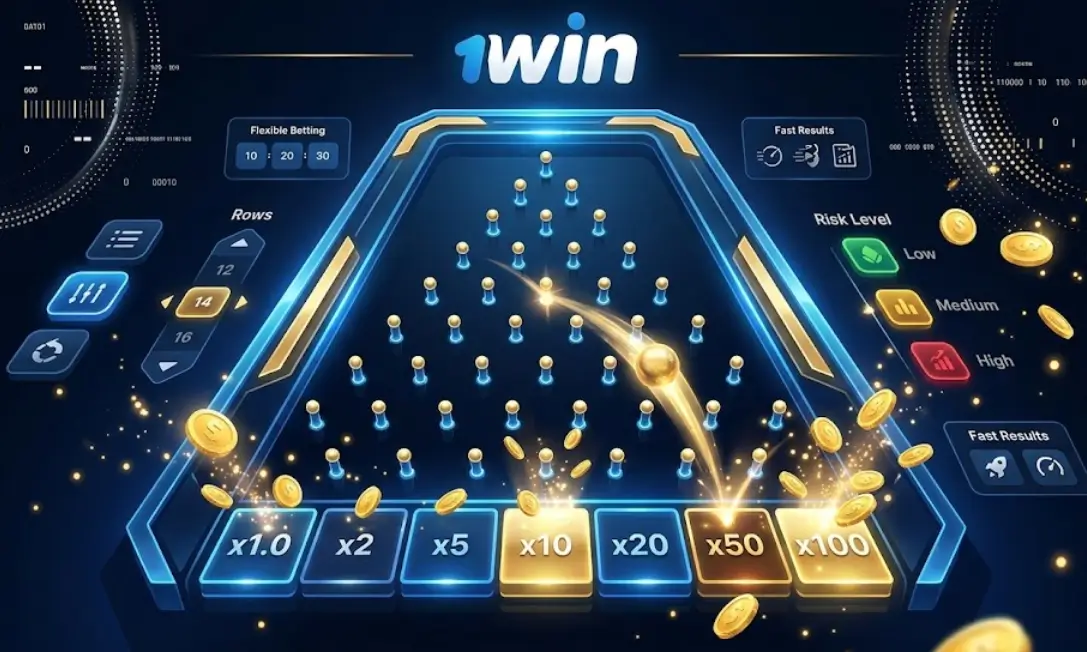 Plinko խաղի ինտերֆեյսը 1win հարթակում՝ գնդակի անկում դեպի շահումային գործակիցներ։