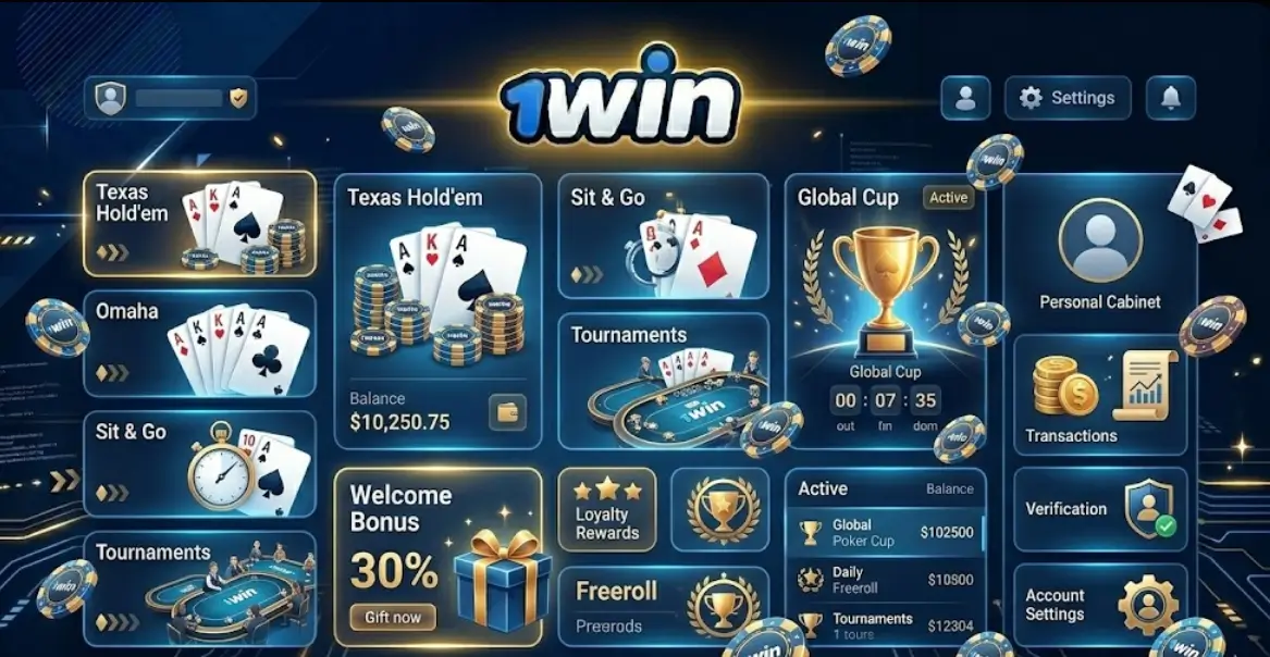 1win պոկերային հավելվածի և կայքի ինտերֆեյսը՝ սեղանների ընտրություն, ֆիլտրեր և խաղային կարգավորումներ։
