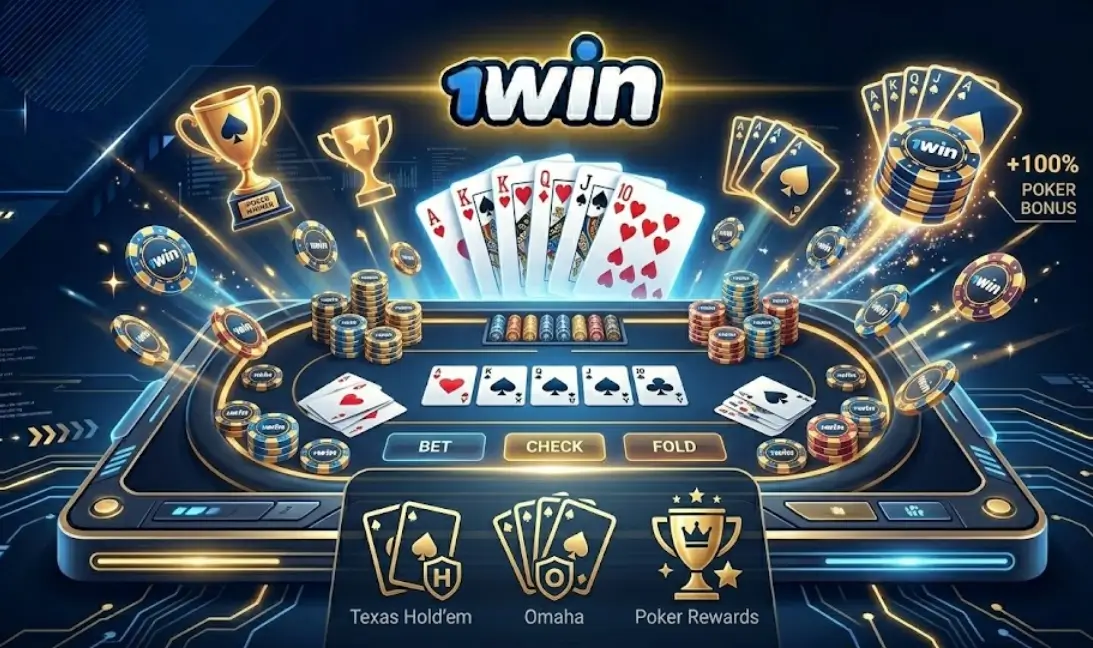 1win Poker-ի խաղասեղանը՝ Տեխասյան Հոլդեմի, Օմահայի և Live դիլերների հետ խաղի ինտերֆեյսը: