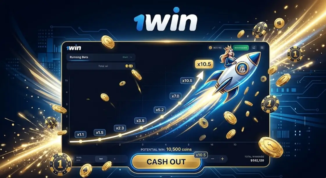 1win Rocket Queen կրաշ-խաղի ինտերֆեյսը՝ հրթիռի թռիչքով և աճող բազմապատկիչներով։
