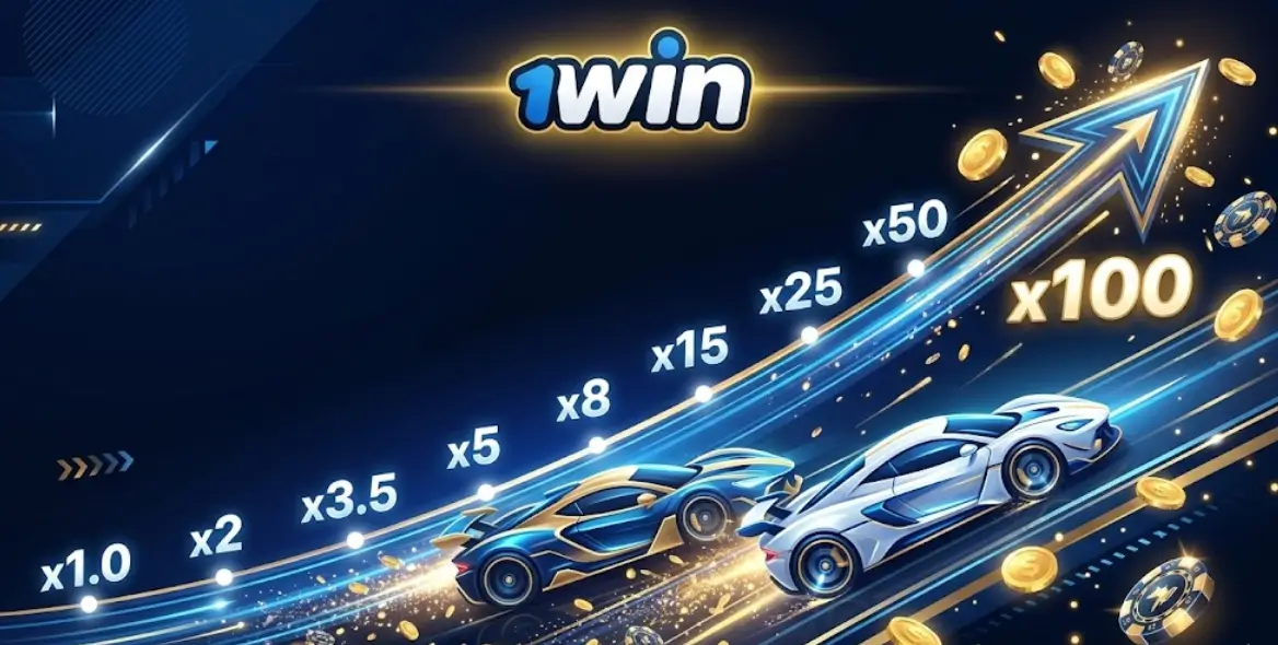 Speed and Cash կրաշ-խաղի ինտերֆեյսը 1win-ում՝ երկու մեքենաների մրցավազք և աճող գործակիցներ։