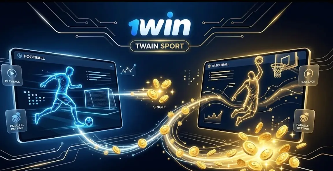 1win Twain Sport բաժնի ինտերֆեյսը՝ ֆուտբոլի և բասկետբոլի իրական ժամանակում ընթացող մրցավազք երկու խաղացողների միջև։